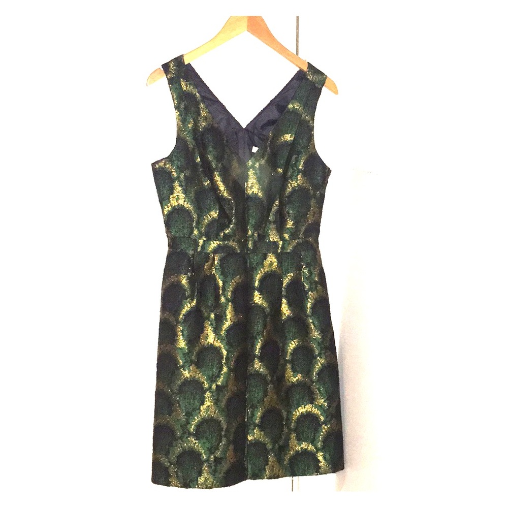 J. Crew Green and Gold Brocade V-Neck Midi Dress